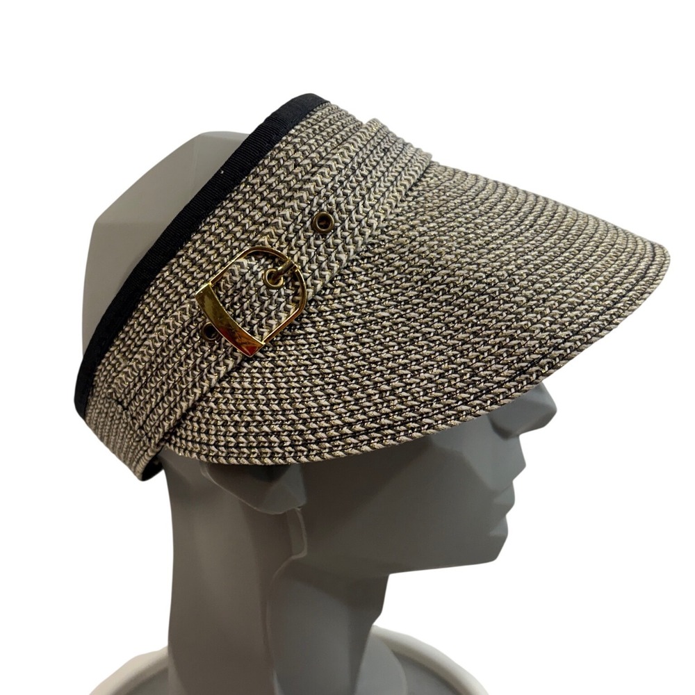 San Diego Hat Co Womens Straw Visor Metallic Gold Black Woven Sun Hat Buckle OS
